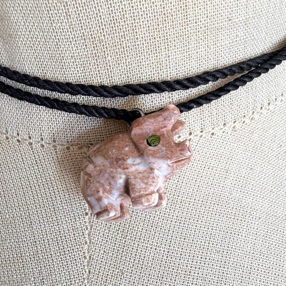 Carved Stone Pig Fetish Pendant Necklace on Black Cord